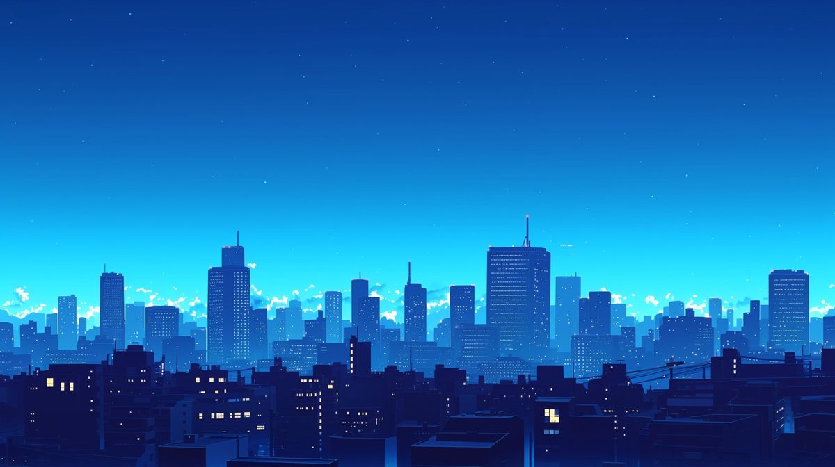 蓝色夜空下灯光渐次亮起的城市天际线插画